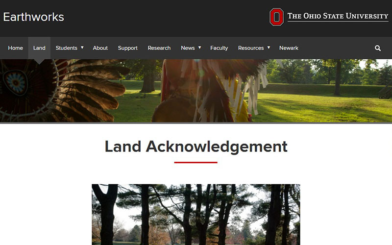 Screen shot of the OSU Earthworks land acknowledgement page