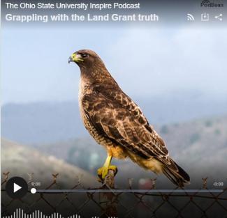 Podcast player with a static image of a hawk in a mountain landscape