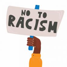 Illustration by Mariya Lutskovskaya shows a hand holding a sign that reads: No to Racism